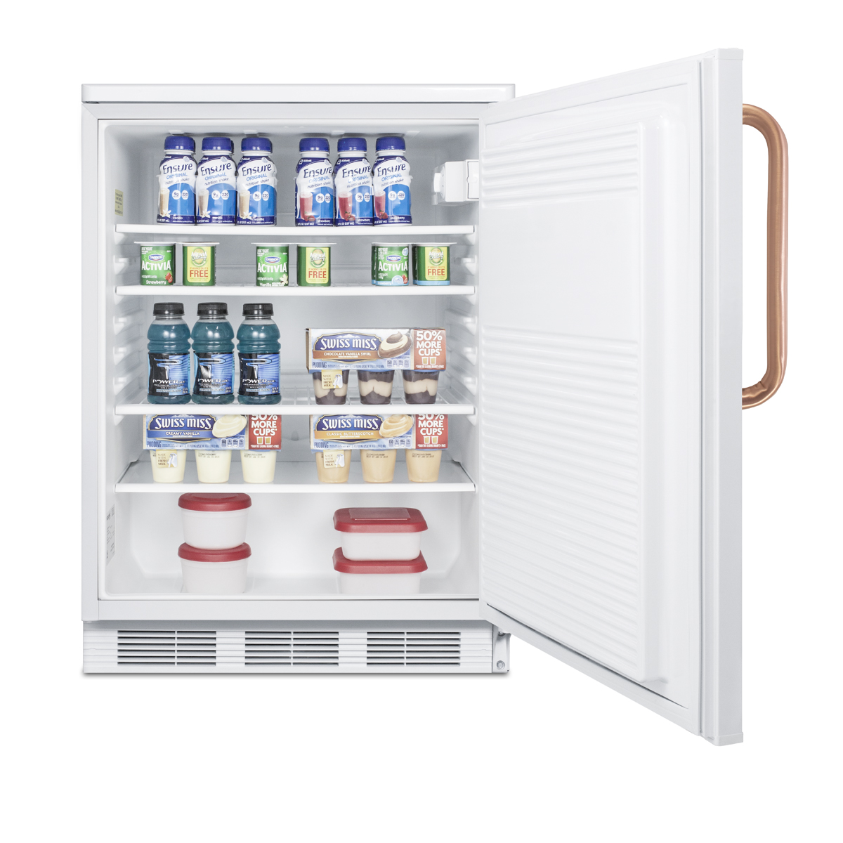 Commercially listed freestanding all-refrigerator for general purpose use, with pure copper handle, front lock, automatic defrost operation, and white exterior